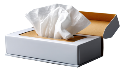 Tissue Box with Dispensed Tissues: A neatly presented box of facial tissues, with soft, clean tissues elegantly dispensed, symbolizing care and cleanliness.