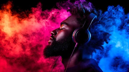 Man immersed in music with vibrant smoke effects