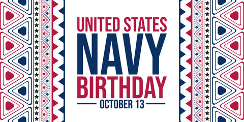 United States Navy Birthday celebration October 13 banner with traditional border, red and blue elements honoring navy service, patriotism and military pride illustration