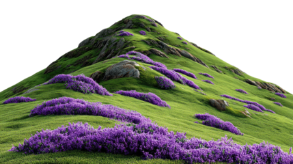 Lush Mountainside Bloom: A vibrant green hillside blooms with purple wildflowers, creating a breathtaking tapestry of natural beauty.