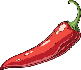 Vector Illustration of a Detailed Red Chili Pepper with Curved Shape and Vibrant Green Stem - Perfect for Culinary and Spicy Food Themes