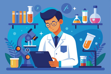 Illustration of a scientist working with a microscope and technology in a laboratory. Depicts scientific research, innovation, and technological advancements in a vibrant and modern environment.