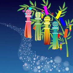 七夕の笹飾りのイラスト笹の葉や竹に吹流しとキラキラしたイラスト