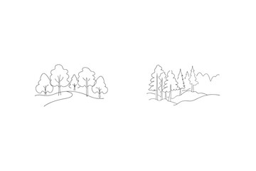 Minimalist Line Art Illustration Of Different Types Of Trees And Landscape