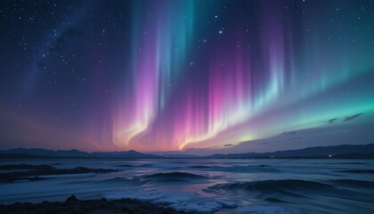 Naklejka premium Majestic Aurora Borealis illuminating a frozen lake under a starlit night sky A breathtaking winter landscape scene