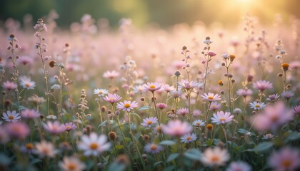 Serene Sunset Meadow Delicate Pink Wildflowers Blooming at Golden Hour