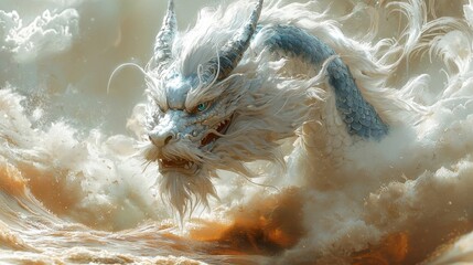 Obraz premium A white and blue dragon in the middle of a stormy sea
