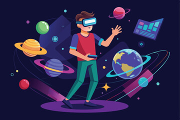 Fototapeta premium Illustration of a man using virtual reality goggles to explore a vibrant space filled with planets and stars. Represents futuristic technology and immersive experiences.