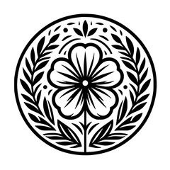 Floral Mandala: Black and White Flower Design in Circular Frame