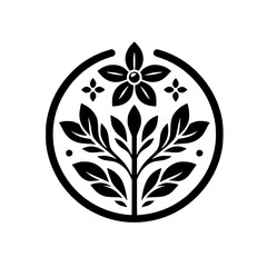 Black & White Floral Emblem: Circular Design, Minimalist Style