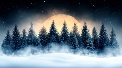 A snowy landscape with trees and a full moon in the background
