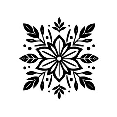 Geometric Floral Mandala with Leaves: Black & White Vector Design