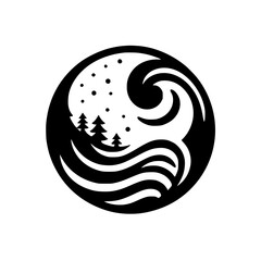 Minimalist Winter Scene Logo: Trees, Waves, & Snow in a Circle
