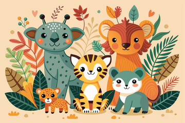 Naklejka premium Illustration of adorable cartoon animals surrounded by vibrant jungle leaves. Perfect for children's media or educational materials focusing on wildlife and nature.