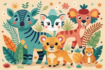 Fototapeta premium A vibrant cartoon illustration featuring adorable jungle animals surrounded by tropical plants, showcasing a lively and cheerful atmosphere perfect for children's themes.