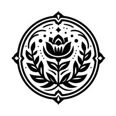 Floral Medallion Illustration: Black and White, Decorative, Botanical