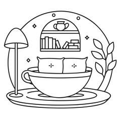 Cozy space coloring pages, bold and easy coloring pages, space coloring page, line art, victor illustration, black & white design, bold & easy coloring book, background