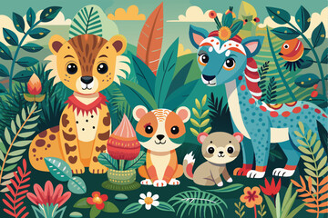 Obraz premium A whimsical cartoon illustration featuring colorful jungle animals surrounded by lush foliage, creating a playful and imaginative scene perfect for children's content and creative projects.