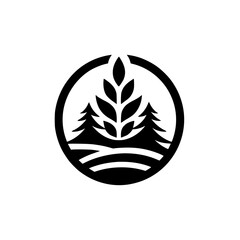 Minimalist Nature Logo: Trees, Leaves, & Circle Badge, Black & White Design