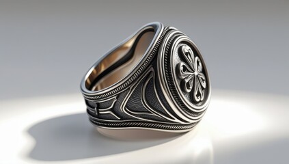 Ornate Silver Men's Signet Ring with Intricate Floral Design