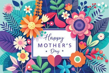 A vibrant Mother's Day card featuring colorful flowers and leaves. Perfect for expressing love and appreciation on this special occasion.