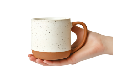 A hand with a ceramic mug isolated on white background
