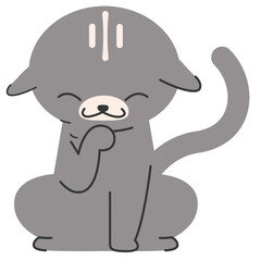 Funny gray cartoon cat in thinking pose with paw on mouth, adorable flat vector illustration.


