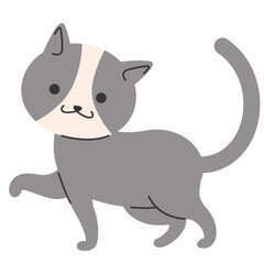 Funny gray cartoon cat in thinking pose with paw on mouth, adorable flat vector illustration.

