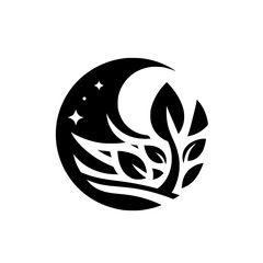 Crescent Moon & Leaves: Minimalist Logo, Nighttime Nature Symbol