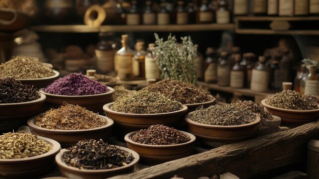 Dried herbs and spices in rustic bowls