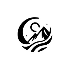 Minimalist Mountain Logo: Circle, Sun, Sea, Black and White