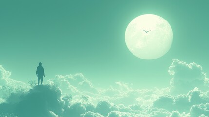A man standing on top of a cloud looking at the moon