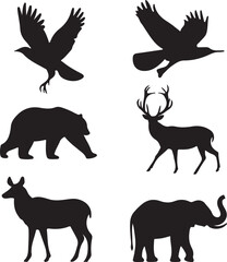 Wild Animal Silhouette Vector Pack | Elephant, Deer, Lion, Fox | Jungle Wildlife EPS 