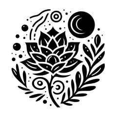 Celestial Floral Design - Black and White Botanical Illustration