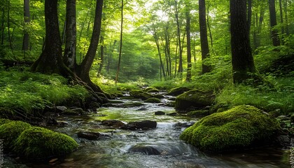 Obraz premium Sunlit forest stream with moss-covered tree roots and flowing water in lush green woods