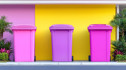 Three Colorful Recycling Bins Against a Yellow and Pink Wall