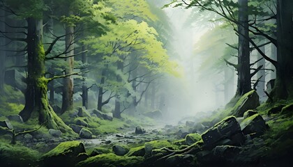 Fototapeta premium Misty forest landscape with lush green moss-covered rocks and tall trees in soft light
