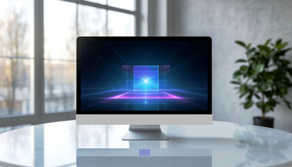 A modern computer screen displaying a vibrant, abstract digital art piece on a bright desk. A potted plant sits next to the computer