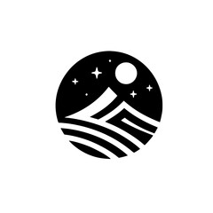 Minimalist Nightscape: Mountain, Moon & Stars in Circle, Vector Logo