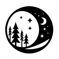 Black & White Moonlit Forest Illustration - Minimalist Nature Design