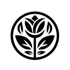 Elegant Black Flower Emblem within Circle, Minimalist Design