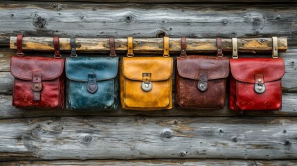 A row of colorful leather bags hanging on a wooden wall