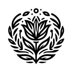 Minimalist Black & White Floral Emblem, Ornamental Design Element