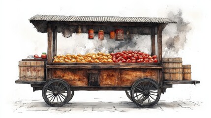 Vibrant fruit and vegetable cart on a bustling street, showcasing fresh produce in rustic setting