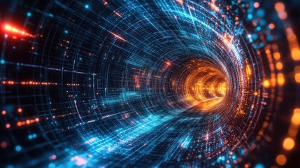 Abstract digital tunnel with glowing particles. Concept of data transfer, technology, and future.