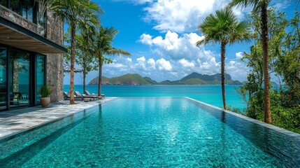 Obraz premium A large swimming pool with a view of the ocean and palm trees