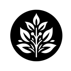 Minimalist Leafy Branch Logo: Black Circle, White Foliage, Botanical Design