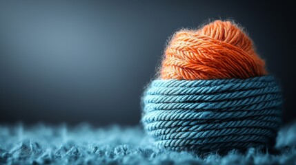 A ball of orange and blue yarn on a blue blanket