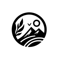 Mountain Landscape Circle Logo, Black and White Minimalist Design