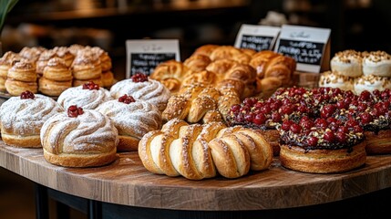 A beautifully arranged display of assorted pastries and desserts in a cozy bakery setting